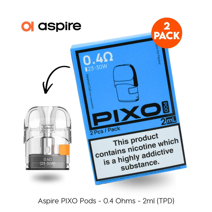 Aspire Pixo Replacement Pods by Aspire include two 2ml refillable pods for MTL & RDTL vaping, packaged in a blue “PIXO Pod 2ml” box. Available at Vape Direct In Milton Keynes