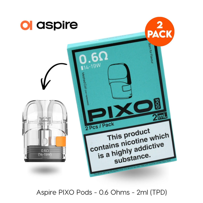 A box of Aspire Pixo Replacement Pods by Aspire is shown with a transparent pod. The packaging features the Aspire logo, "2 Pack" label, and notes 0.6Ω refillable 2ml pods for MTL & RDTL vaping in Aspire devices. Available at Vape Direct In Milton Keynes