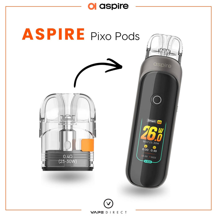 Two Aspire Pixo Replacement Pods by Aspire are shown: one highlights the refillable 2ml pod, and the other shows the full device with digital screen and clear mouthpiece for MTL & RDTL vaping. Text reads ASPIRE Pixo Replacement Pods. Available at Vape Direct In Milton Keynes