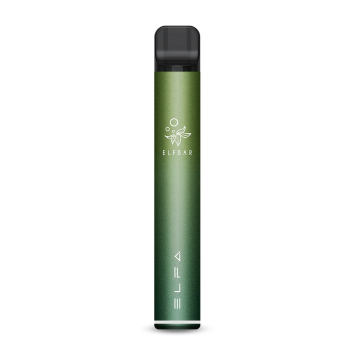 Elf Bar Elfa Pro pod kit in aurora green with an Apple Peach pod on a plain background