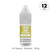 A 10ml bottle of V4 Vapour - Banana E-Liquid (12mg nicotine), featuring a yellow and white label with "12 MG" in a circle, perfect for MTL vapers. Available at Vape Direct In Milton Keynes