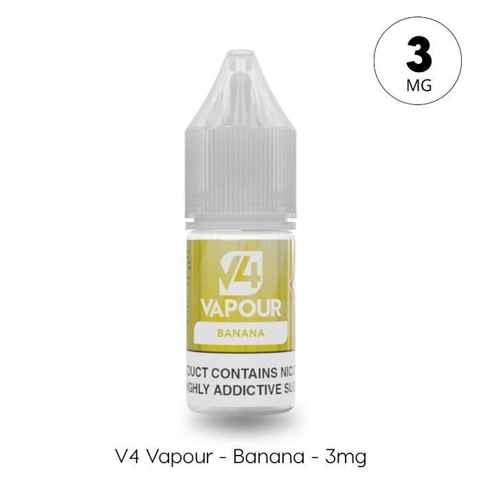 A 10ml bottle of V4 Vapour - Banana E-Liquid (3mg nicotine) for MTL vaping, with a yellow label, gray cap, and "V4 Vapour – Banana – 3mg" printed on the label. Available at Vape Direct In Milton Keynes