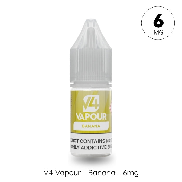 A 10ml bottle of V4 Vapour - Banana E-Liquid for MTL vaping, labeled with the V4 Vapour brand and Banana, contains 6mg nicotine and has a grey cap. Available at Vape Direct In Milton Keynes