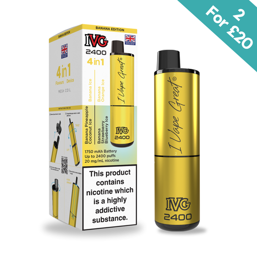 A yellow I VG 2400 Banana Edition 4-in-1 Prefilled Pod Kit stands by its box, which shows key features, Banana Edition flavors, and a green "2 For £20" offer label, with "I Vape Great" text visible on the device. Available at Vape Direct In Milton Keynes