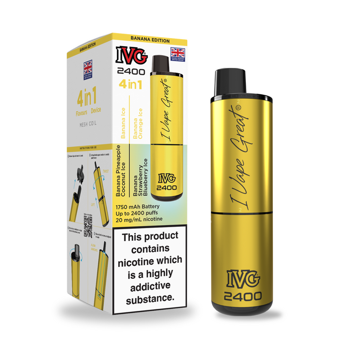 A yellow I VG 2400 Banana Edition 4-in-1 Prefilled Pod Kit stands by its box, which shows key features, Banana Edition flavors, and a green "2 For £20" offer label, with "I Vape Great" text visible on the device. Available at Vape Direct In Milton Keynes