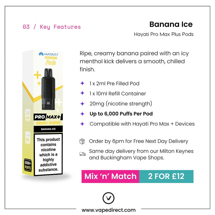Banana Ice Hayati Pro Max Plus pod key features, 2ml pod, 10ml refill, up to 6000 puffs and 1.2ohm mesh coil