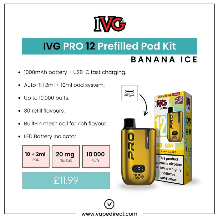 Banana Ice IVG PRO 12 features graphic showing 1000mAh battery, USB-C charging, 2ml plus 10ml pods and 10,000 puffs