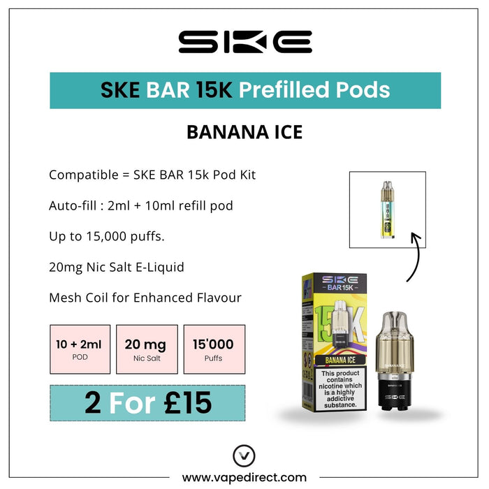 Image of SKE Crystal Banana Ice - SKE Bar 15K Refill Pod with vape pod, box, and refill bottle. Highlights: 15,000 puffs, £15 for 2 pods. Visit www.vapedirect.com. Available at Vape Direct In Milton Keynes