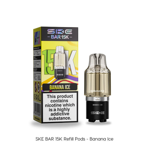 A vibrant SKE Crystal Banana Ice - SKE Bar 15K Refill Pod box displays "15000 Puffs." The transparent, clearly labeled pod makes it easy to spot and enjoy your favorite Banana Ice flavor. Available at Vape Direct In Milton Keynes