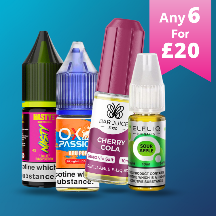 Nasty Liq, OX Passion, Bar Juice 5000 and Elfiq nic salt bottles. Part of the disposable flavoured e-liquid range at vape direct milton keynes.