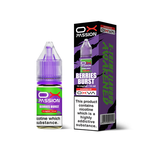 Berry Burst nic salt e-liquid bottle and box by Ox Passion on a plain background