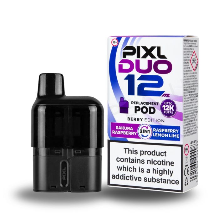 Berry Edition Pixl Duo Prefilled Pods for use with the PIXL DUO Pod Kit. 12,000 Puffs. 20mg nicotine.