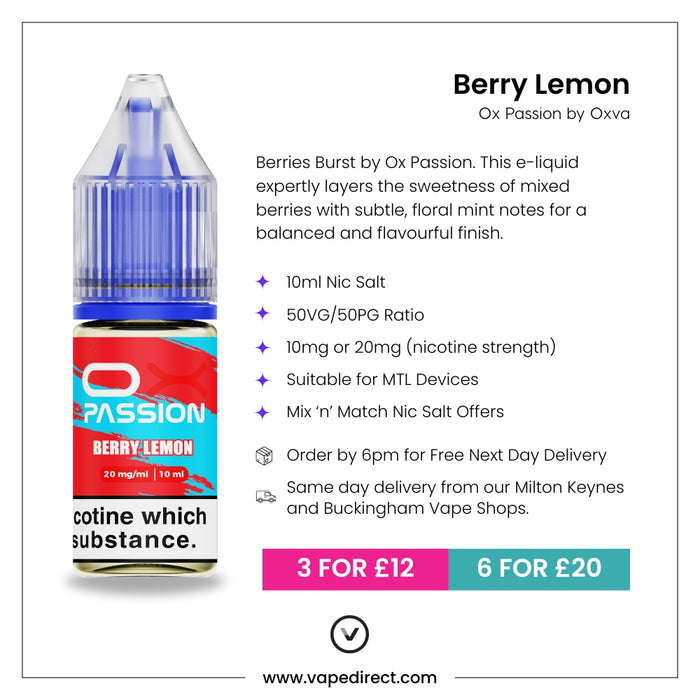 Berry Lemon Ox passion e-liquid with flavour description. 10ml Nic Salt, suitable for MTL devices, multi-buy offers, and details for next day delivery in milton keynes and buckingham shown.