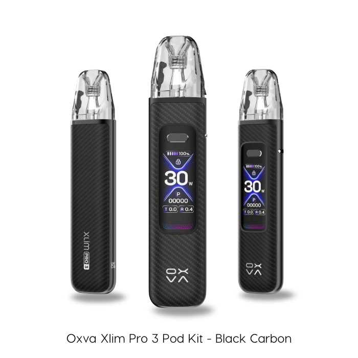 The Oxva Xlim Pro 3 Pod Kit in Black Carbon. Three detailed views from different angles highlight its modern design and integrated 1 inch HD digital display, which provides clear, easy-to-read information.