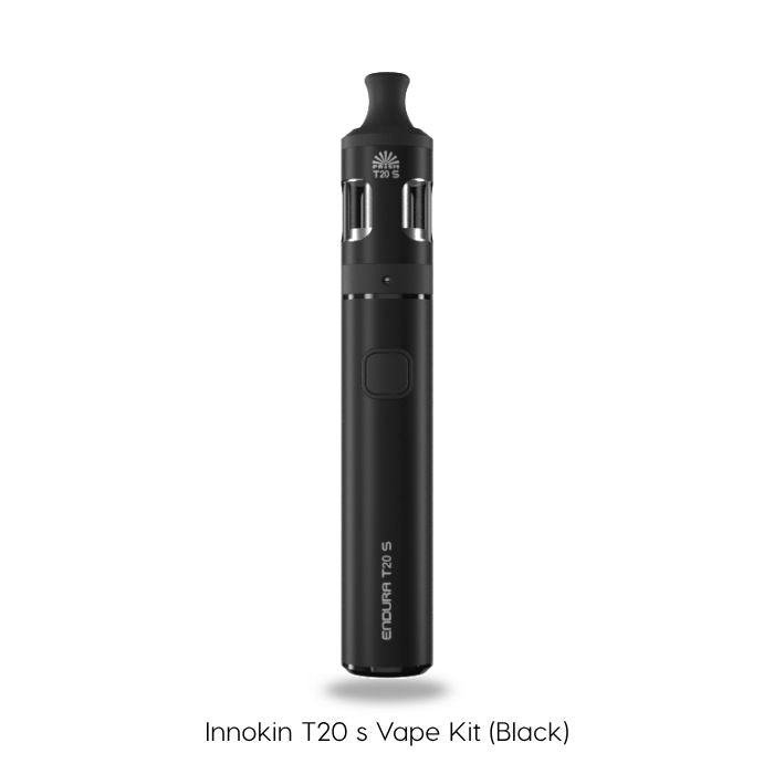 A black Innokin T20S Vape Kit stands upright, highlighting its slim design with a round mouthpiece and tank windows—perfect for mouth to lung vaping. Text below reads: Innokin T20S Vape Kit (Black) by Innokin. Available at Vape Direct In Milton Keynes