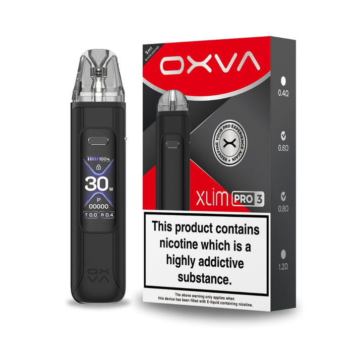 Black Leather Xlim Pro 3 Vape Pod Kit by OXVA. Features a 1500mah battery, 30 minute fast charge, 1.05" HD Display screen and brand new 3ml top fill pods.