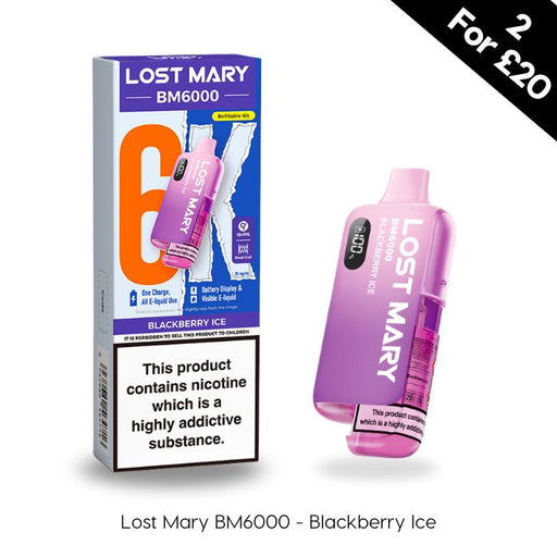 Lost Mary BM6000 Blackberry Ice vape device and packaging on a white background