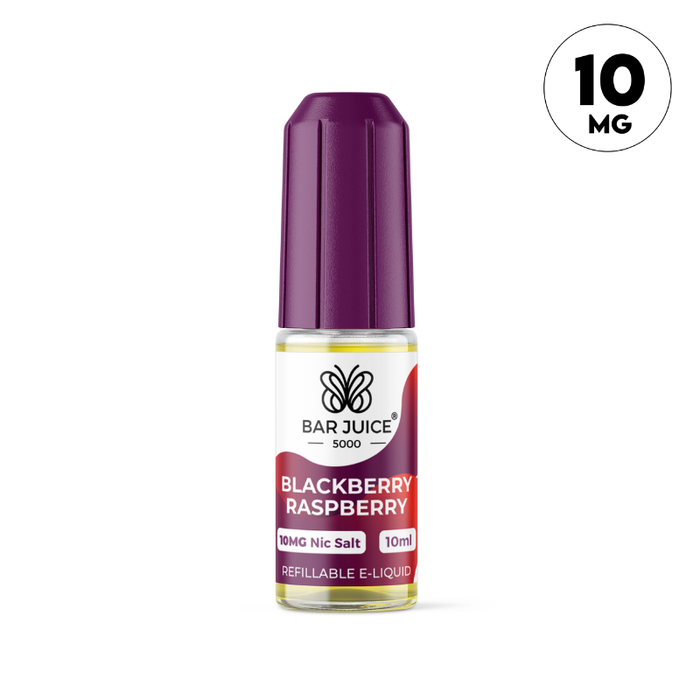 Blackberry Raspberry 10mg nic salt e-liquid by bar juice 5000 in a 10ml bottle with a 10mg nictotine label.