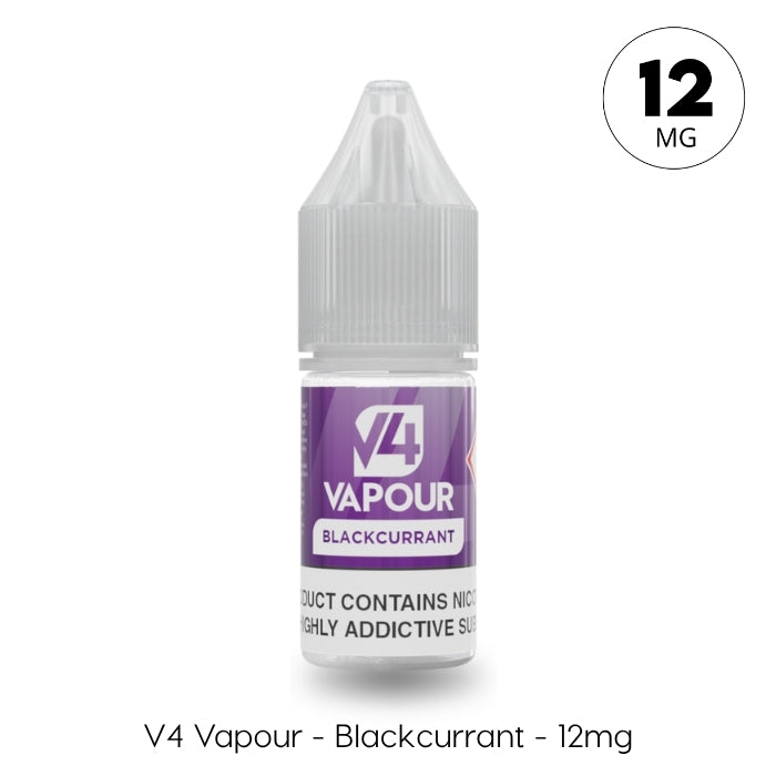 A 10ml bottle of V4 Vapour - Blackcurrant E-Liquid by V4 Vapour, labeled 12mg nicotine strength with a purple label, gray cap, and "V4 Vapour - Blackcurrant - 12mg" printed at the bottom. Available at Vape Direct In Milton Keynes