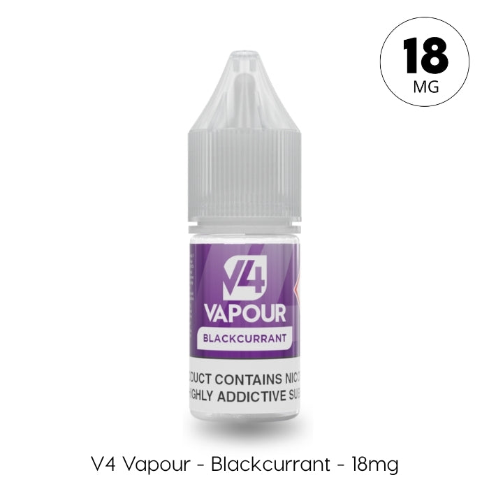 A 10ml bottle of V4 Vapour - Blackcurrant 10ml E-Liquid (18mg nicotine) has a purple label, child-proof cap, and displays: V4 Vapour - Blackcurrant - 18mg. Available at Vape Direct In Milton Keynes