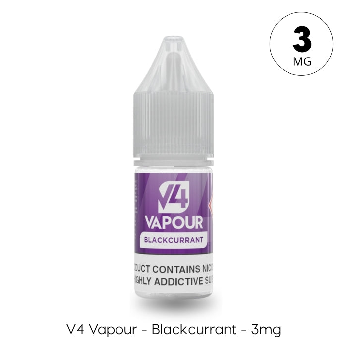 V4 Vapour - Blackcurrant 10ml E-Liquid comes in a 3mg bottle with a purple label and clear cap, delivering a rich blackcurrant flavor for vaping enthusiasts. Available at Vape Direct In Milton Keynes