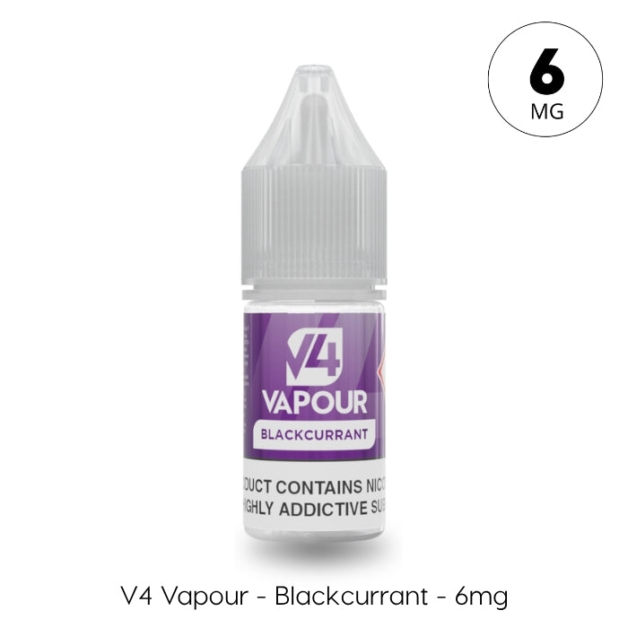 A 10ml bottle of V4 Vapour - Blackcurrant E-Liquid by V4 Vapour, labeled 6mg nicotine and offering a rich blackcurrant flavor with a purple label. Available at Vape Direct In Milton Keynes
