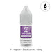 A 10ml bottle of V4 Vapour - Blackcurrant E-Liquid by V4 Vapour, labeled 6mg nicotine and offering a rich blackcurrant flavor with a purple label. Available at Vape Direct In Milton Keynes
