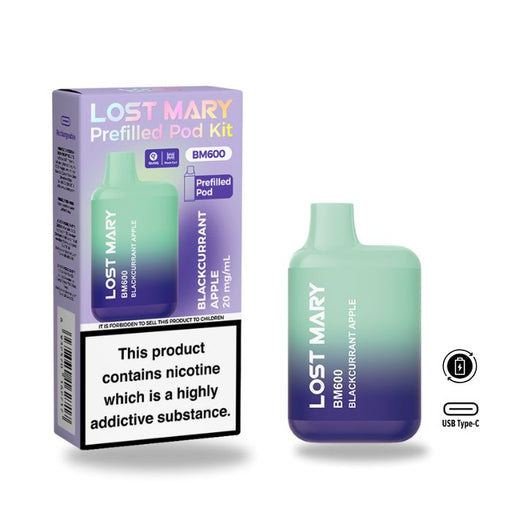 Lost Mary BM600 Pod Kit in Blackcurrant Apple featuring a rechargeable battery and 20mg nicotine strength.