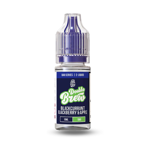 Bottle of Double Brew e-liquid with blue cap and label on a white background