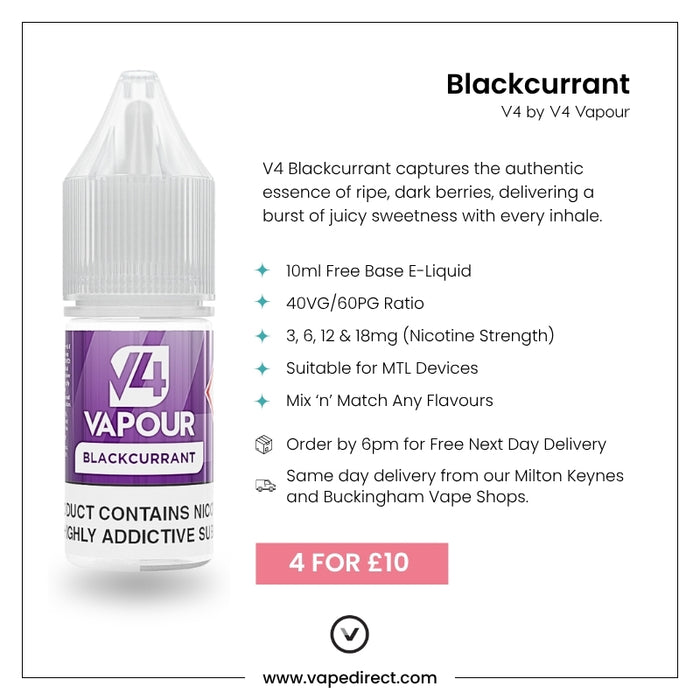 A bottle of V4 Vapour - Blackcurrant 10ml E-Liquid by V4 Vapour is shown with details on nicotine strengths, PG/VG ratio, and features. A pink label promotes 4 bottles for £10, while delivery info is visible on the right. Available at Vape Direct In Milton Keynes