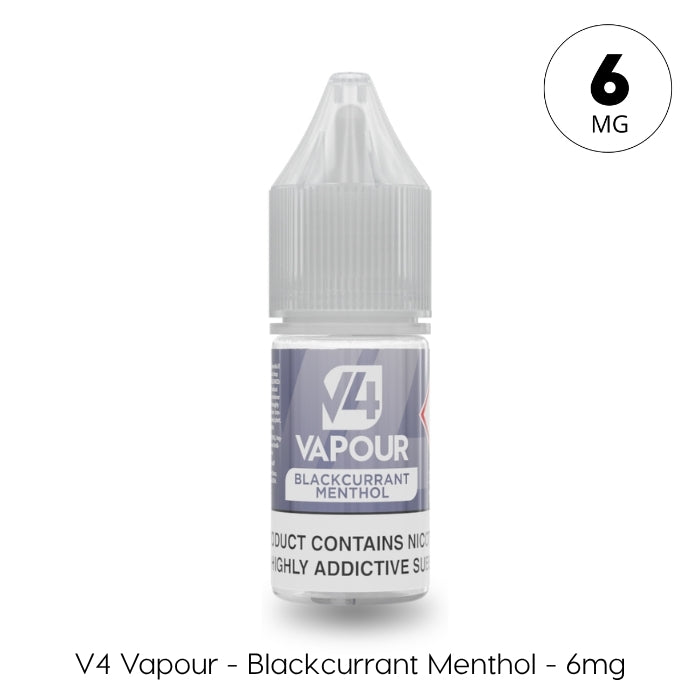 V4 Vapour - Blackcurrant Menthol 10ml E-Liquid comes in a small bottle with a mainly purple label, marked 6mg nicotine strength, offering a refreshing menthol vape juice from V4 Vapour. Available at Vape Direct In Milton Keynes