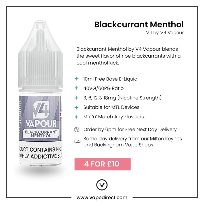 V4 Vapour - Blackcurrant Menthol 10ml E-Liquid by V4 Vapour shown with bottle image, flavour details, nicotine strengths, and delivery info. Enjoy the menthol vape juice with a special offer: 4 for £10. Available at Vape Direct In Milton Keynes