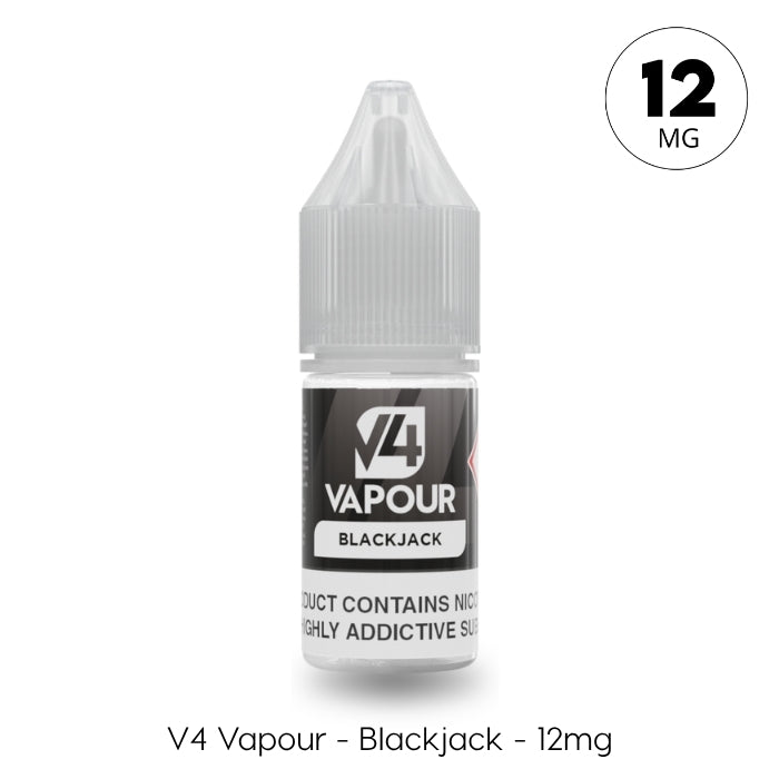 A 10ml bottle of V4 Vapour - Blackjack E-Liquid by V4 Vapour, featuring a grey cap, black label, and marked with 12mg nicotine strength; label text: "V4 Vapour - Blackjack - 12mg". Available at Vape Direct In Milton Keynes
