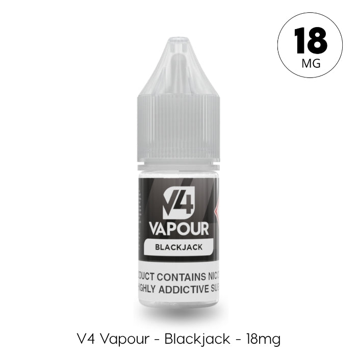 A small clear bottle of V4 Vapour - Blackjack 10ml E-Liquid with an 18mg label and a gray childproof cap. Available at Vape Direct In Milton Keynes