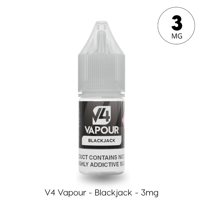 A 10ml bottle of V4 Vapour - Blackjack E-Liquid by V4 Vapour with a grey cap, labeled as containing 3mg nicotine and displaying product information. Available at Vape Direct In Milton Keynes