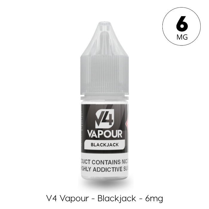 A 10ml V4 Vapour - Blackjack E-Liquid bottle with a gray cap and label, containing 6mg nicotine, highlights the classic Blackjack flavor for an authentic vaping experience. Available at Vape Direct In Milton Keynes