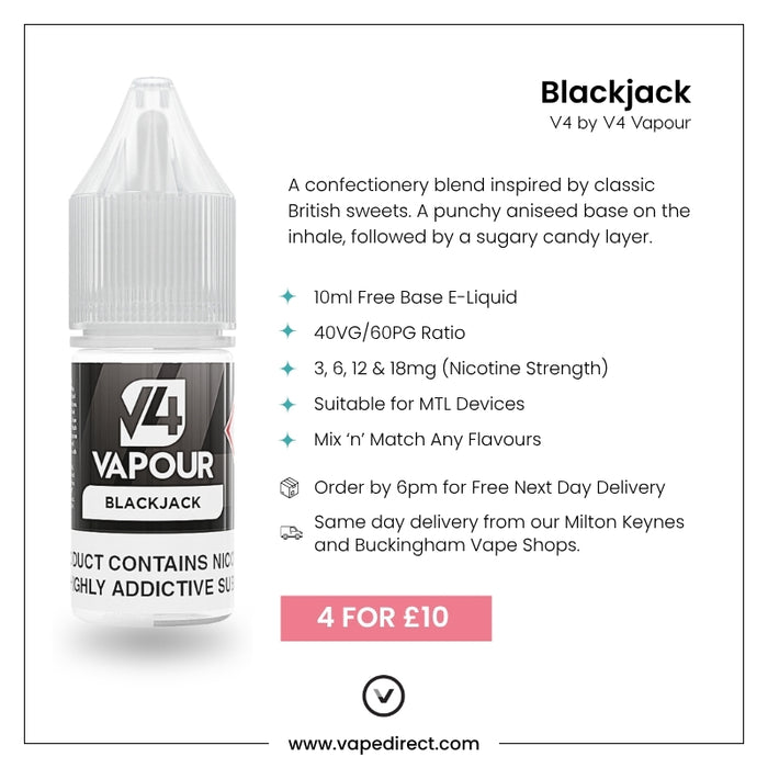 Blackjack by V4 Vapour. Features a vape liquid bottle, product details (10ml, 40VG/60PG, nicotine strengths, MTL compatible), delivery info, a pink 4 FOR £10 banner, and www.vapedirect.com at the bottom. Available at Vape Direct In Milton Keynes