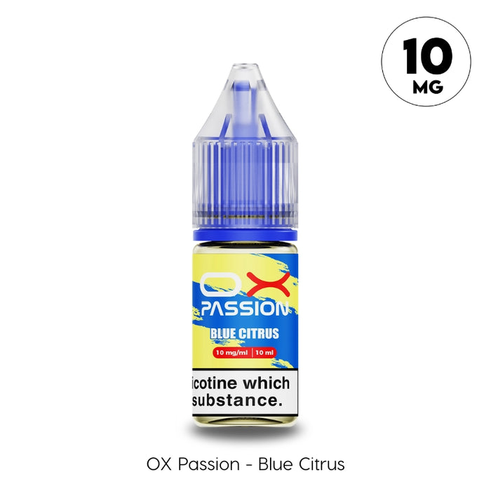 Blue Citrus Ox Passion Nic Salt in 10mg by Oxva. A Citrus Blueberry and Lemon flavoured e-liquid avaialble at Vape Direct Milton keynes and Buckingham.