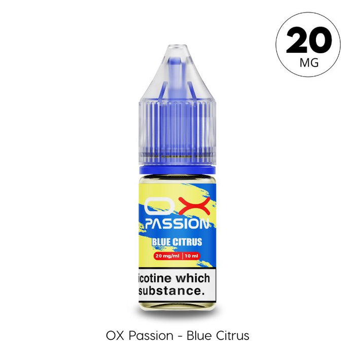 Blue Citrus Ox Passion Nic Salt in 20mg by Oxva. A Citrus Blueberry and Lemon flavoured e-liquid avaialble at Vape Direct Milton keynes and Buckingham.