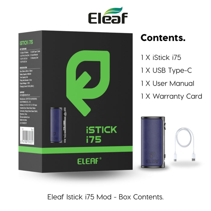 Eleaf iStick i75 vape mod packaging with visible i stick i75 mod and accessories including a usb c cable in white.