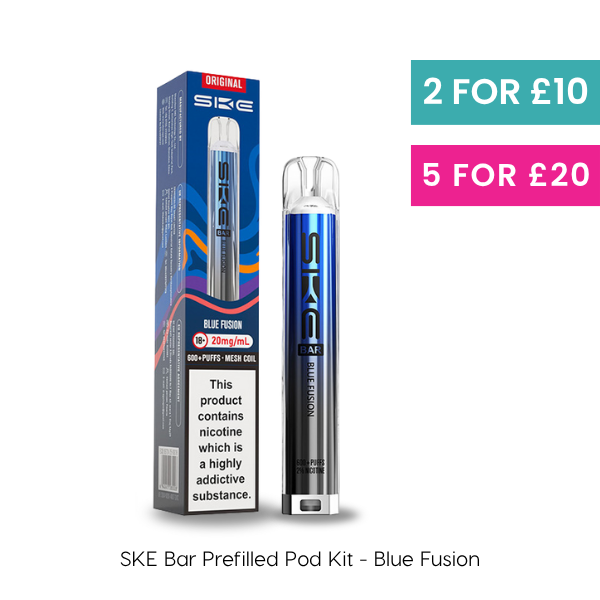 Blue Fusion SKE Bar Prefilled Pod Kit, offering 600 puffs and 20mg/ml of nicotine.