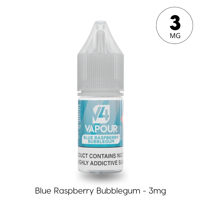 A 10ml bottle of V4 Vapour - Blue Raspberry Bubblegum E-Liquid with a clear cap and blue label. Nicotine strength is 3mg, perfect for MTL vape users. Label text: Blue Raspberry Bubblegum – 3mg. Brand: V4 Vapour. Available at Vape Direct In Milton Keynes