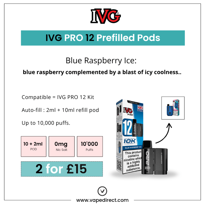 Advertisement for IVG Pro 12 Prefilled Pods with product packaging and text on a white background.