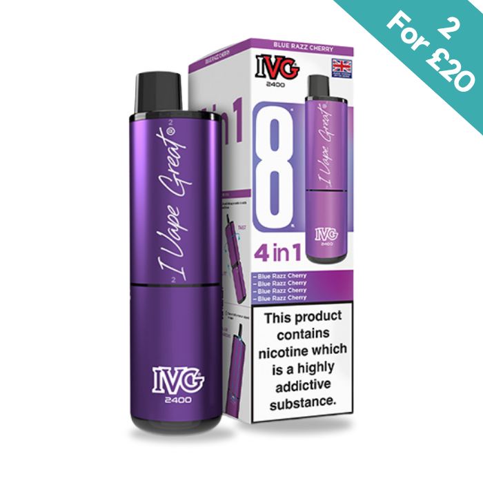 Purple IVG vape device with packaging on a white background