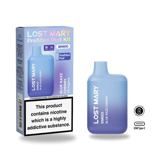 Lost Mary BM600 Pod Kit in Blue Razz Cherry featuring a rechargeable battery and 20mg nicotine strength.