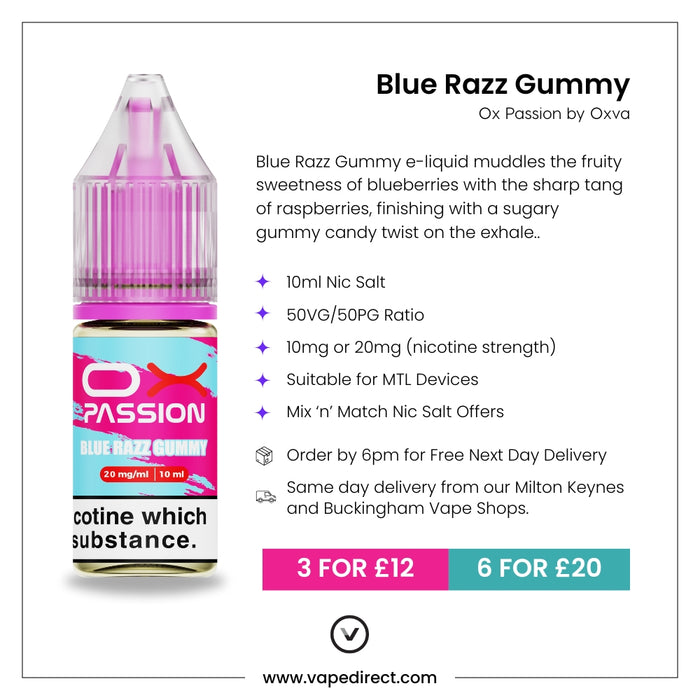 Blue Razz Gummy Ox passion e-liquid with flavour description. 10ml Nic Salt, suitable for MTL devices, multi-buy offers, and details for next day delivery in milton keynes and buckingham shown.