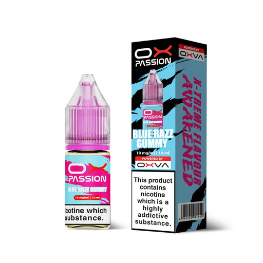 Blue Razz Gummy nic salt e-liquid bottle and box by Ox Passion on a plain background