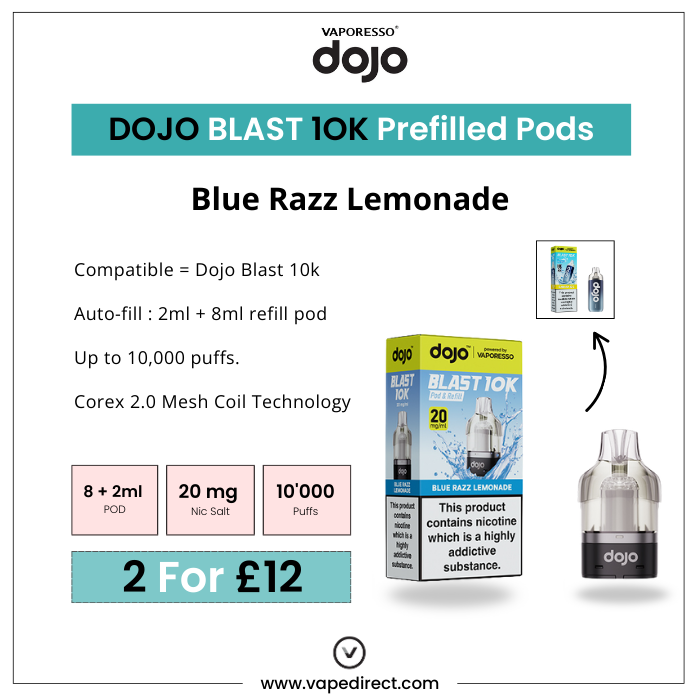 Vaporesso Dojo Blast 10K Prefilled Pods packaging with product details on a white background.