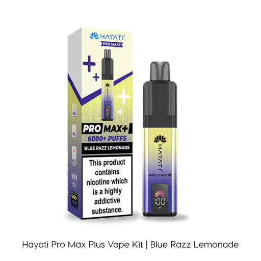 The Blue Razz Lemonade Hayati Pro Max Plus Vape Kit by Hayati is shown with its packaging, which displays product details and matches the device in front.