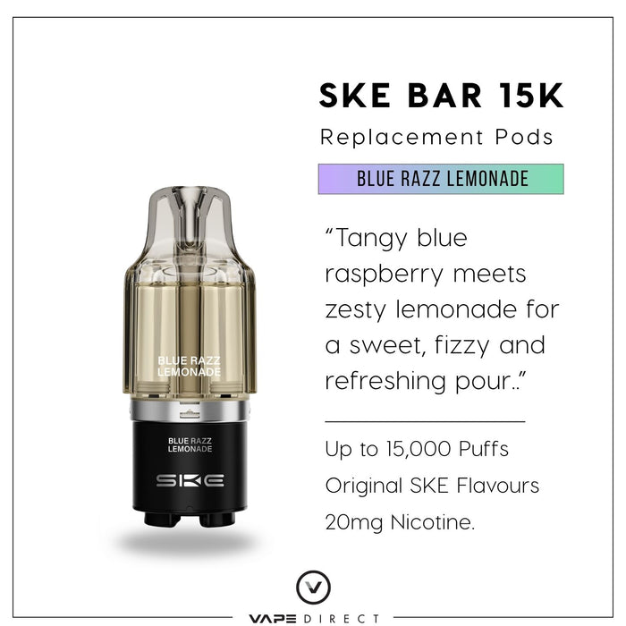 The Blue Razz Lemonade - SKE Bar 15K Refill Pod by SKE Crystal delivers a sweet, fizzy taste and smooth MTL vaping with up to 15,000 puffs and 20mg nicotine. Available at Vape Direct In Milton Keynes